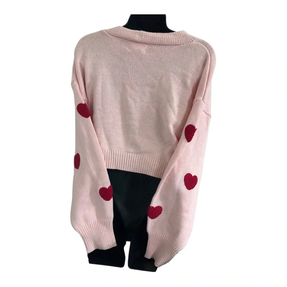 Jessica Simpson tufted embroidered red hearts cropped pink cardigan‎ size medium